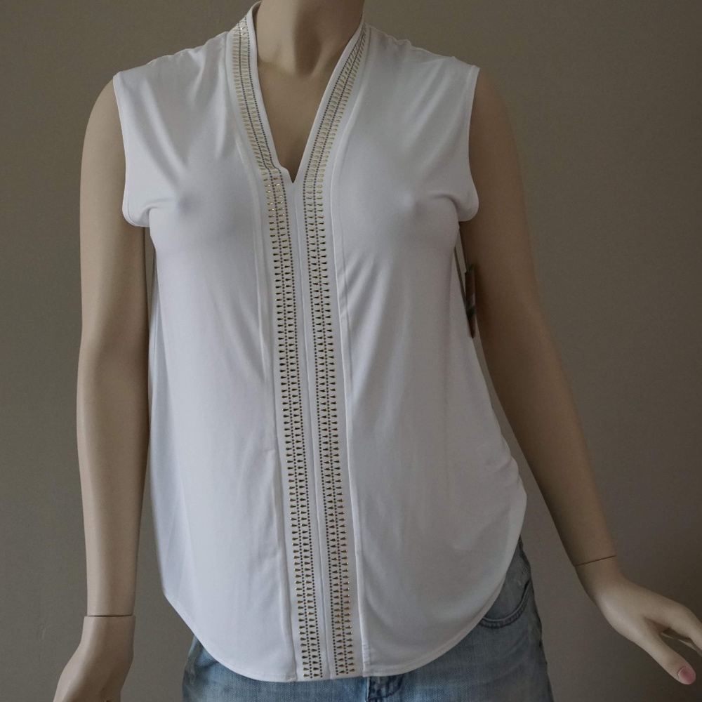 RACHEL Rachel Roy White Sleeveless V Neck Studded